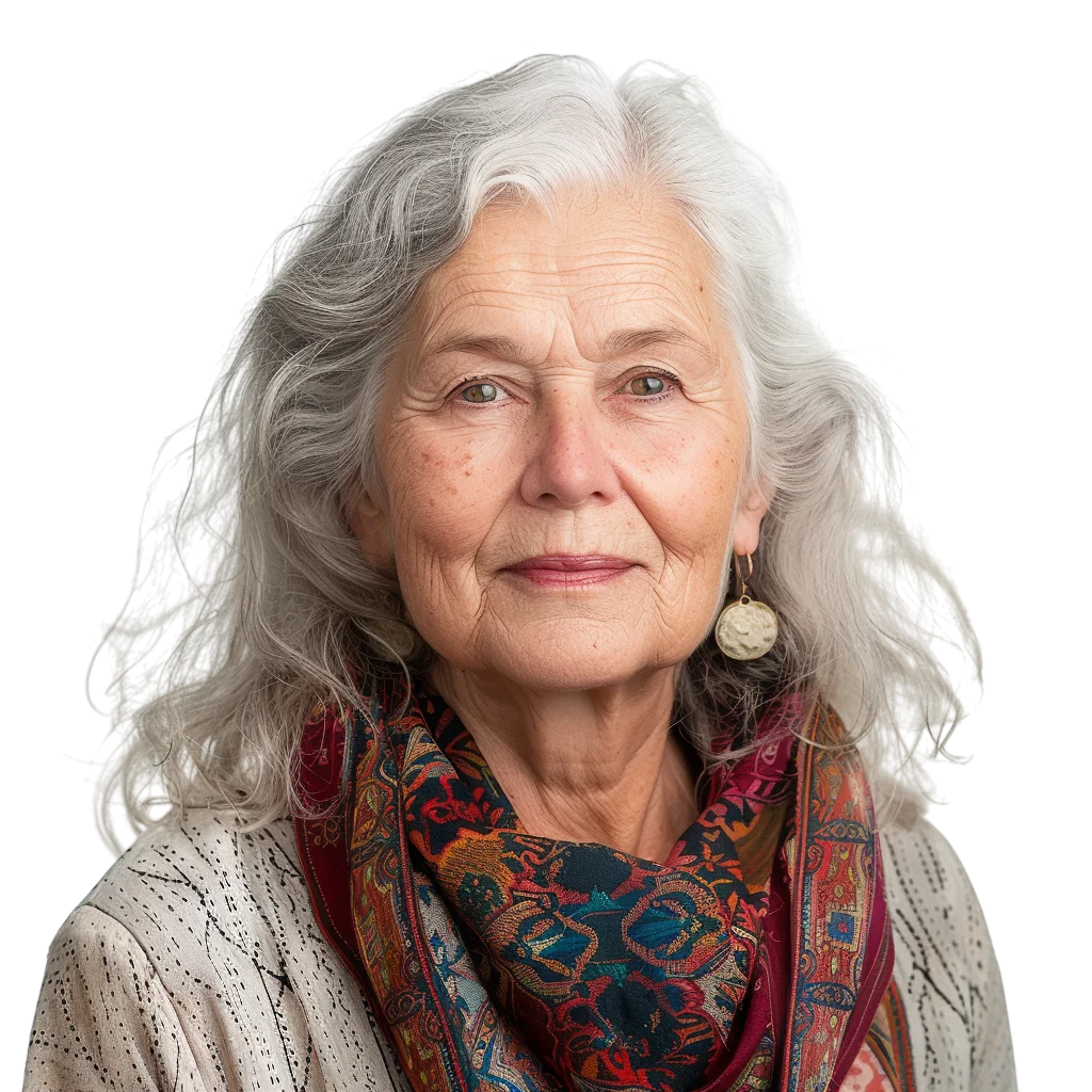 Older Woman with Silver Hair and Patterned Scarf Free PNG