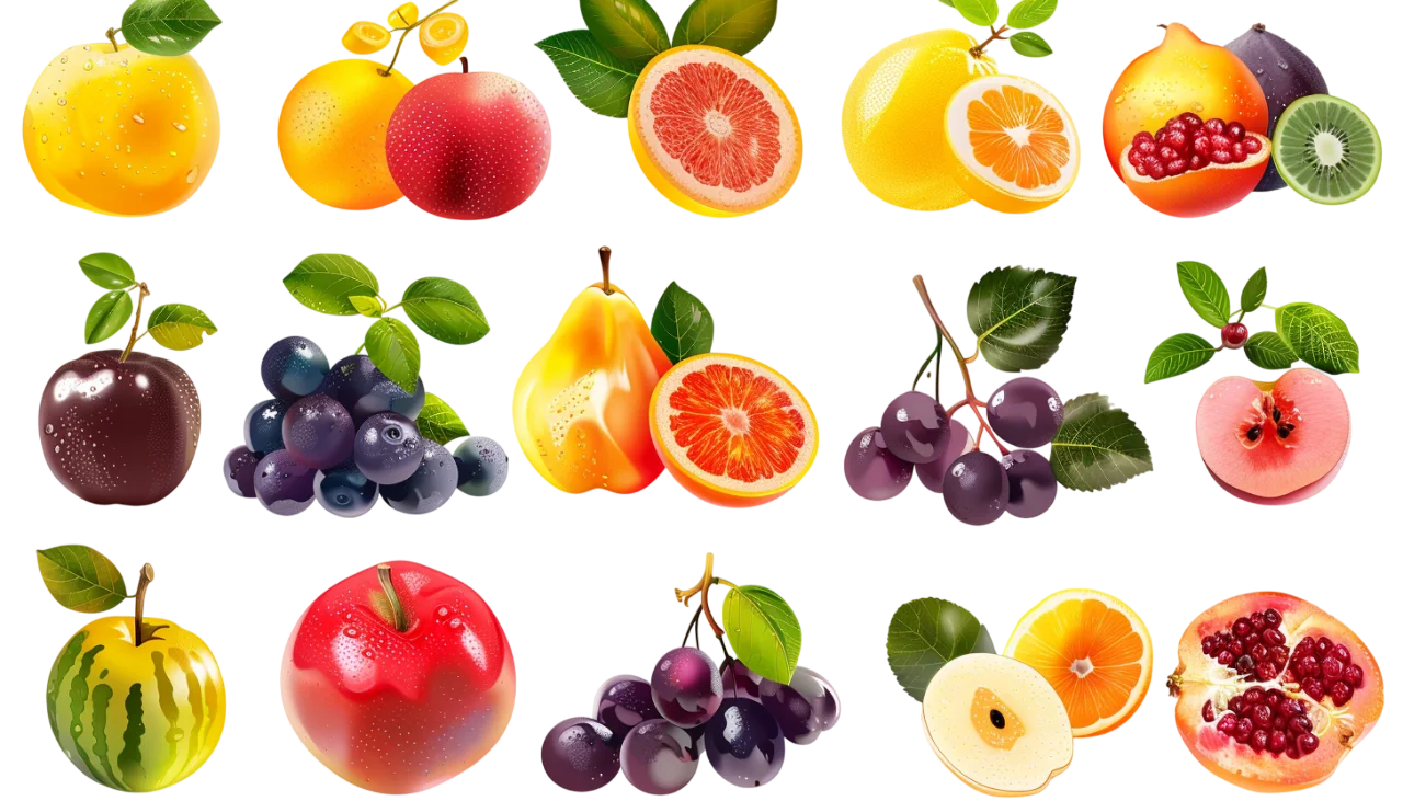 Glossy Assorted Fruit Illustrations on a Black Background | Free PNG