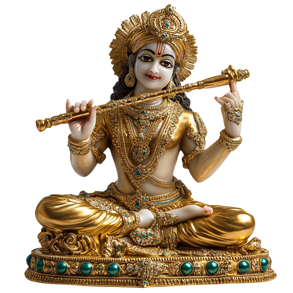 Golden Krishna Statue Playing a Flute Free PNG