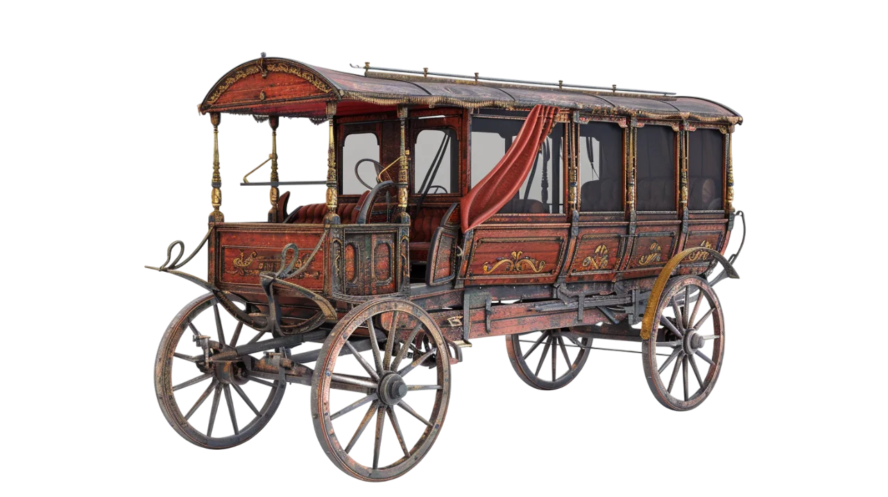 Ornate Vintage Passenger Stagecoach with Red Curtains - Free PNG