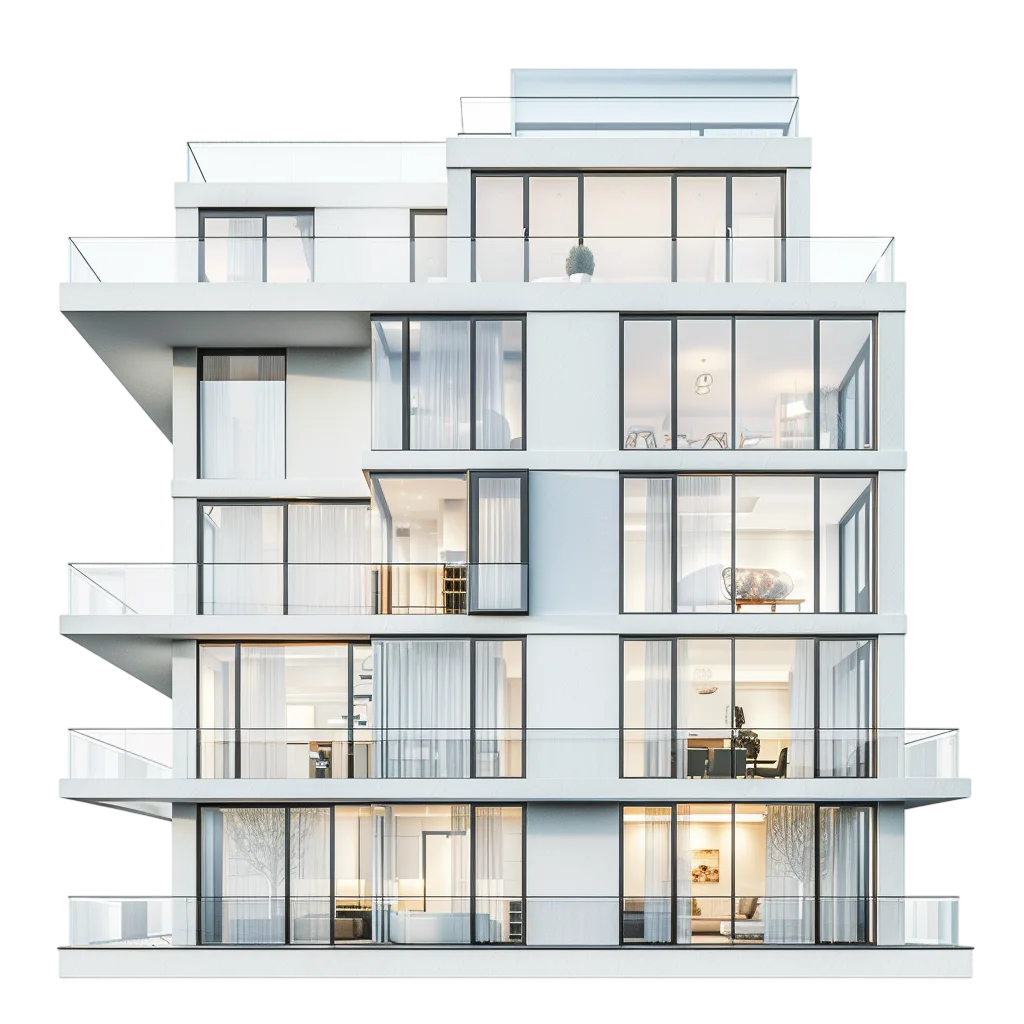 Modern White Apartment Building with Glass Balconies Free PNG