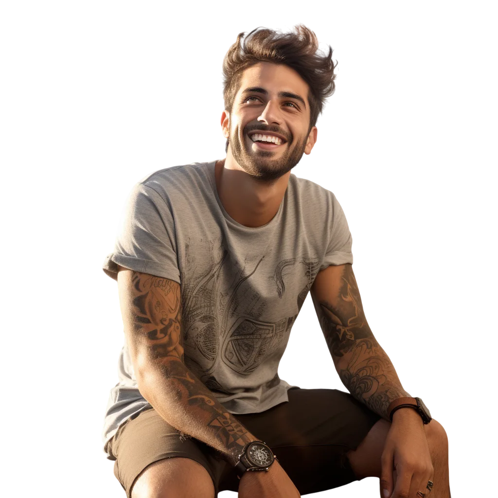 Smiling Tattooed Man Sitting Casually – Free PNG