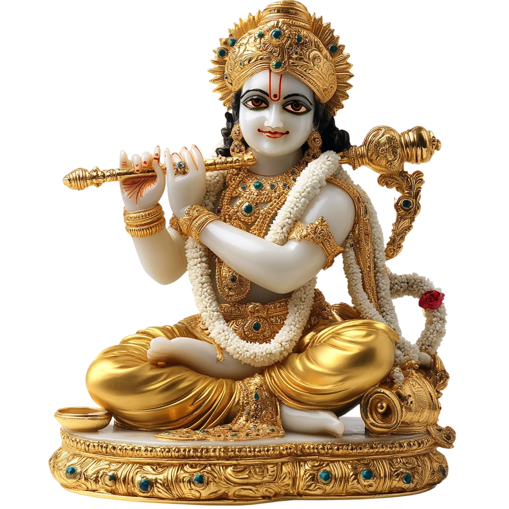 Seated Lord Krishna Playing Flute in Gold Ornaments - Free PNG