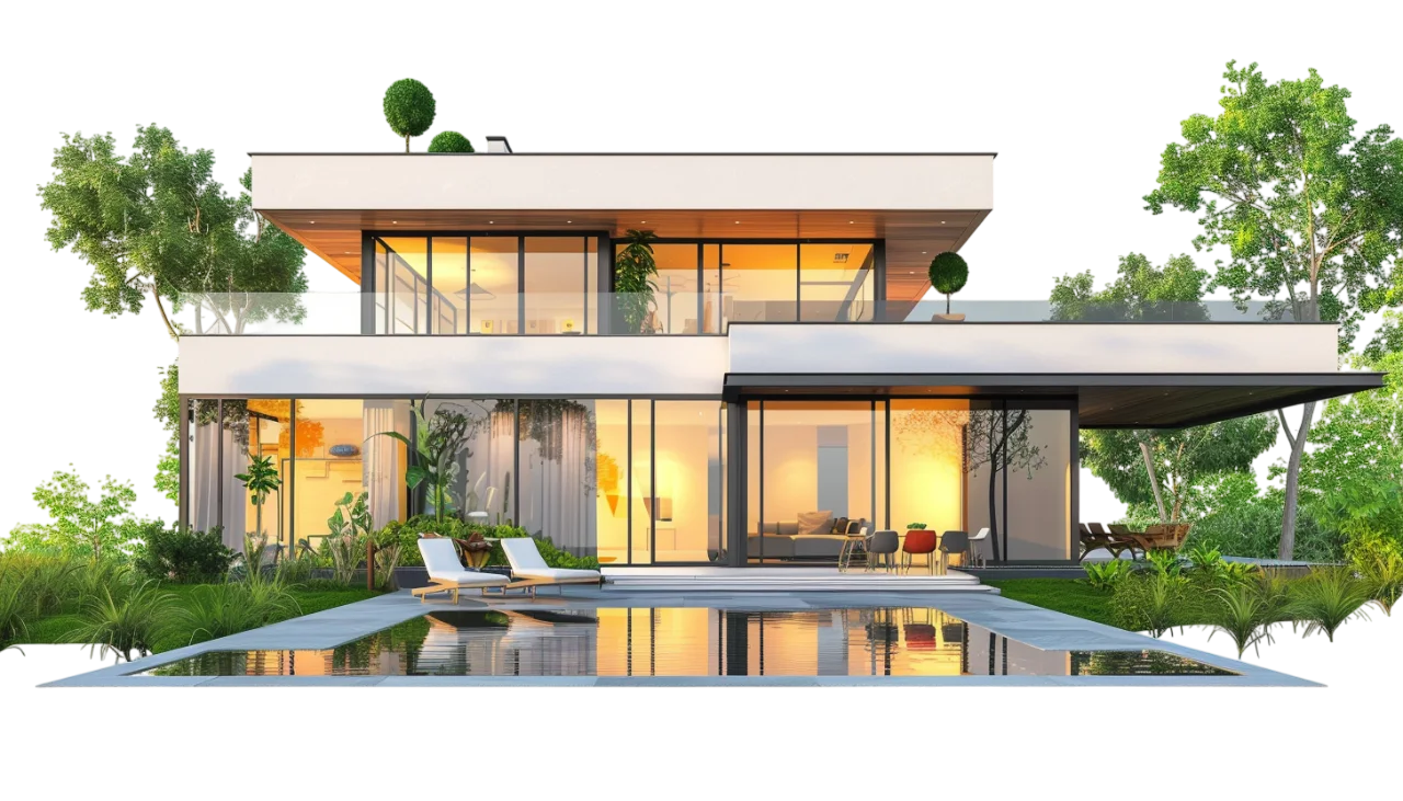 Modern Glass House with Reflecting Pool Free PNG