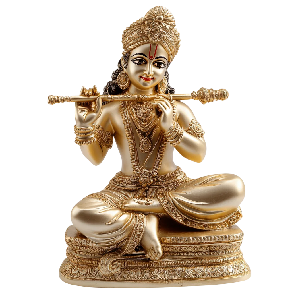 Golden Lord Krishna Statue Playing Flute Free PNG