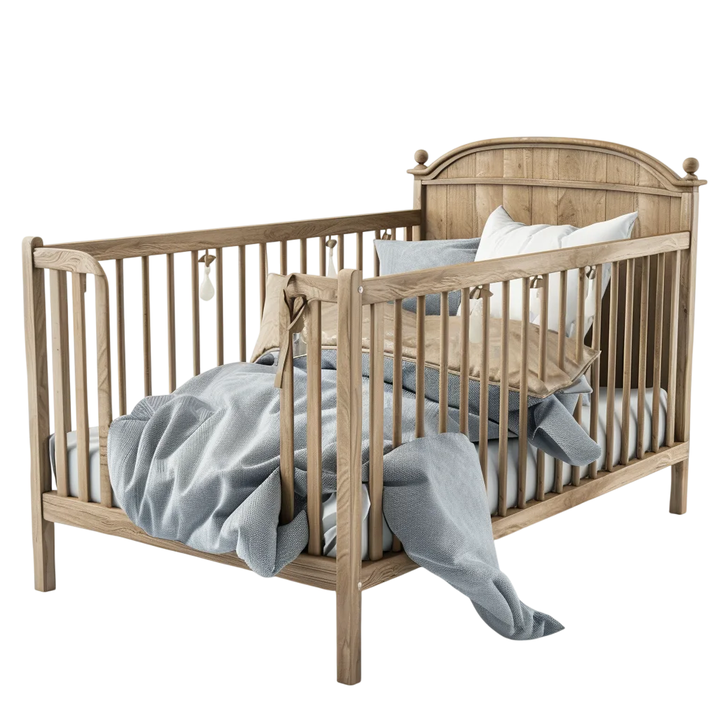 Rustic Wooden Baby Crib with Blue-Gray Bedding | Free PNG