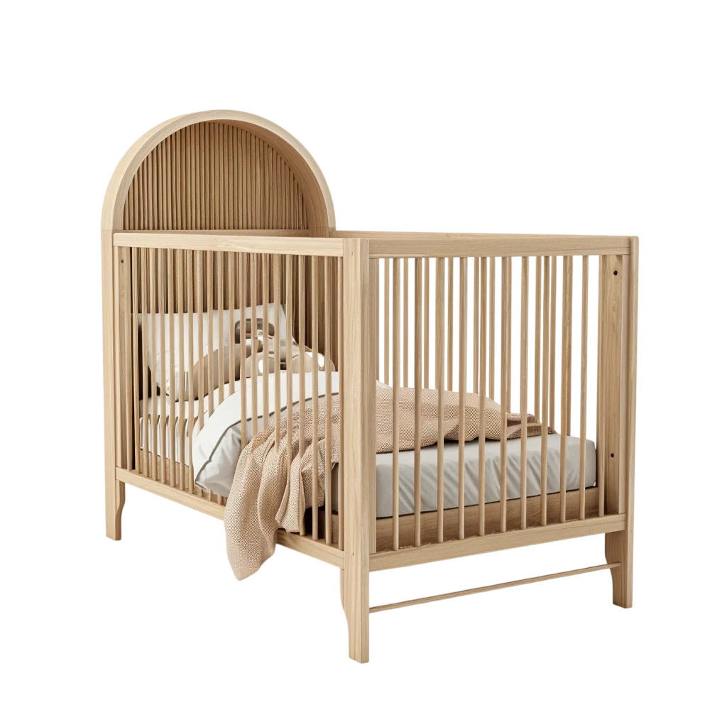 Natural Wood Baby Crib with Arched Slatted Headboard Free PNG