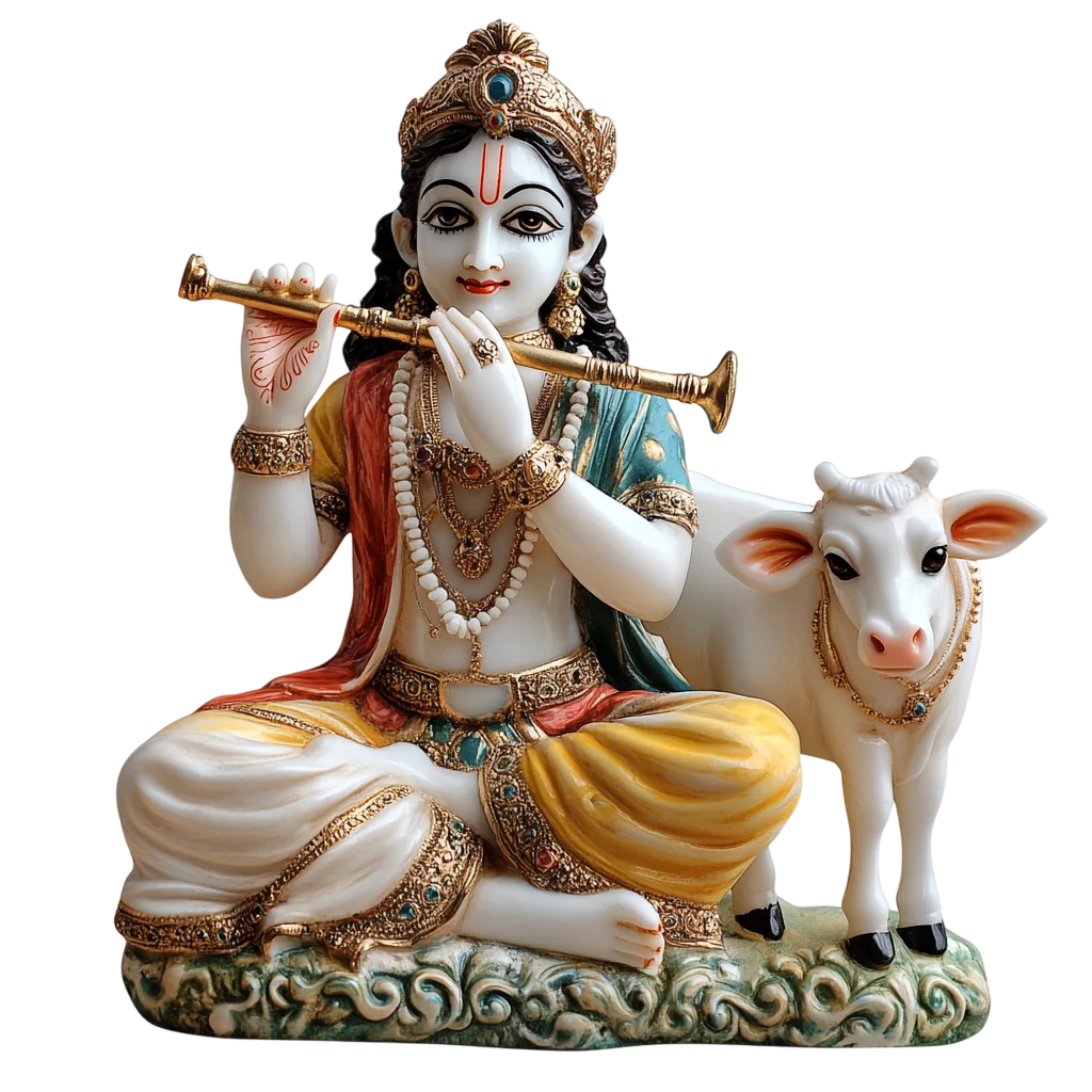 Lord Krishna Statue with Flute and Cow | Free PNG