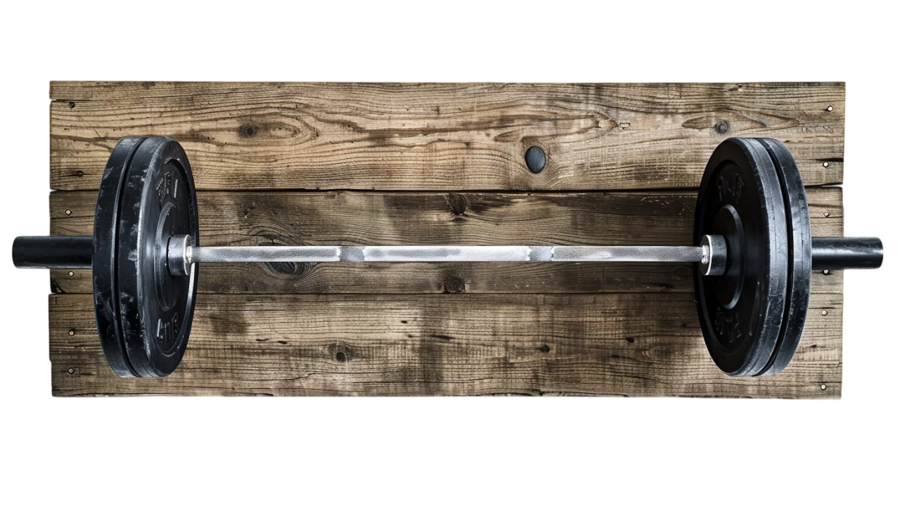 Barbell with Black Weight Plates on Rustic Wood | Free PNG