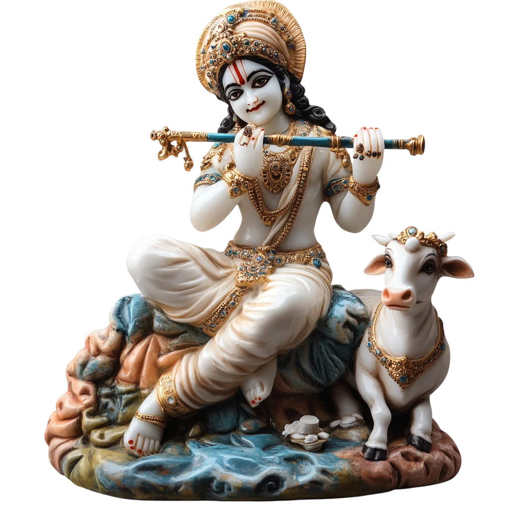 Ornate Krishna Statue with Flute and Cow – Free PNG