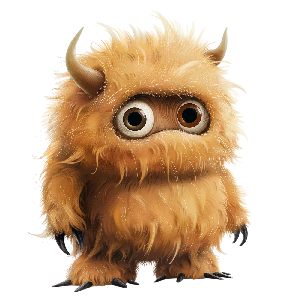 Cute Golden Furry Monster with Curved Horns Free PNG