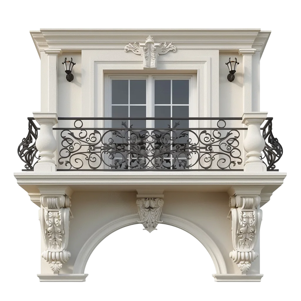 Ornate Classical Balcony Facade with Wrought-Iron Railing | Free PNG