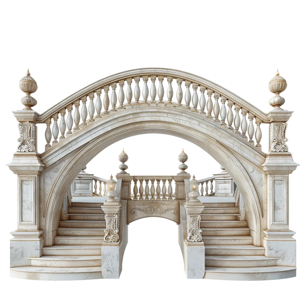 Ornate White Marble Double Staircase with Arched Railing | Free PNG