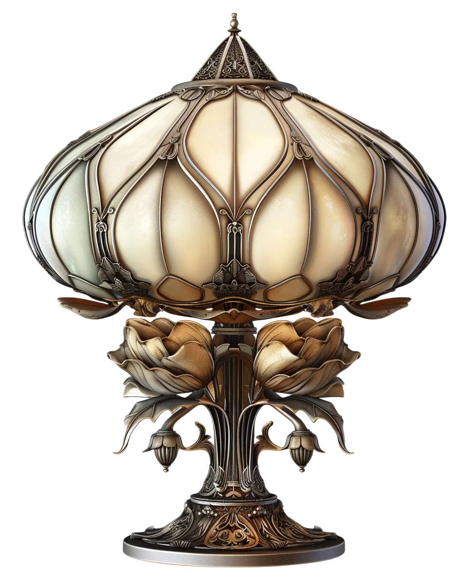 Ornate Art Nouveau Table Lamp with Cream Shade Free PNG