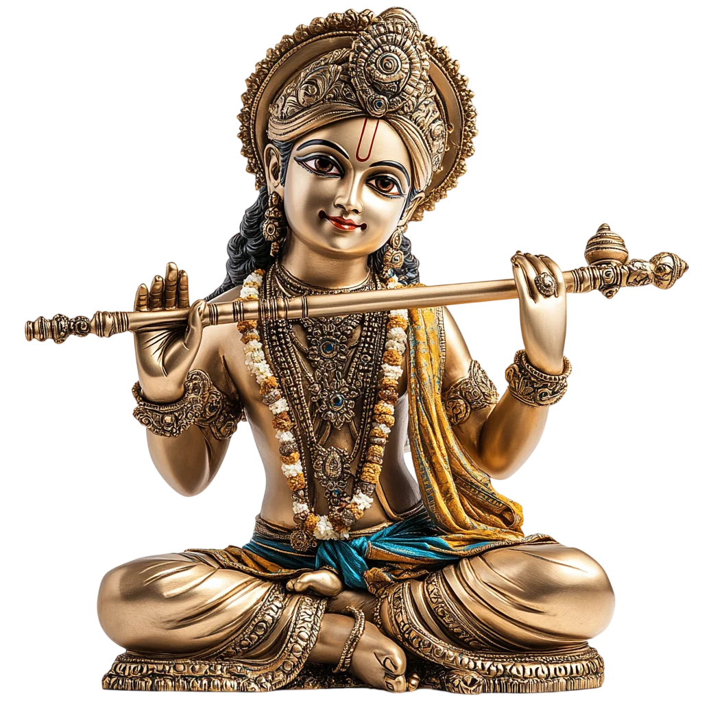 Golden Krishna Statue Playing Flute Free PNG