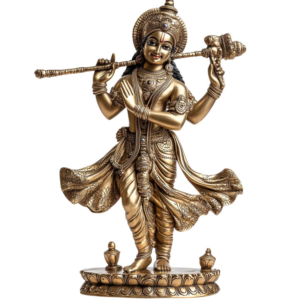 Golden Krishna Statue Playing Flute Free PNG