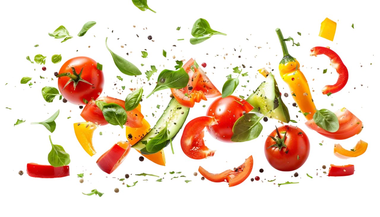 Floating Tomatoes, Peppers and Basil Leaves | Free PNG