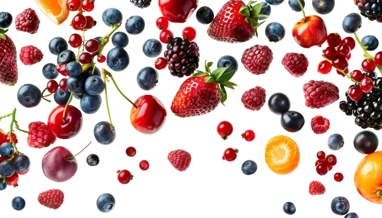 Floating Mixed Berries and Citrus Fruit Free PNG