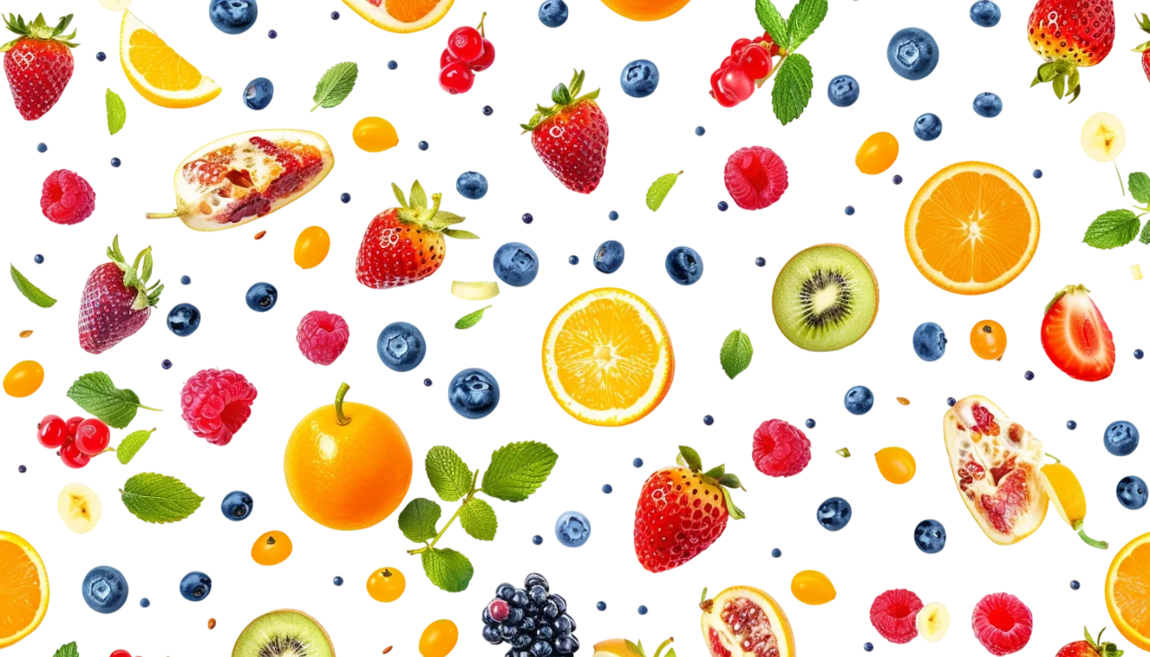Scattered Fresh Fruits and Berries on Black Background Free PNG