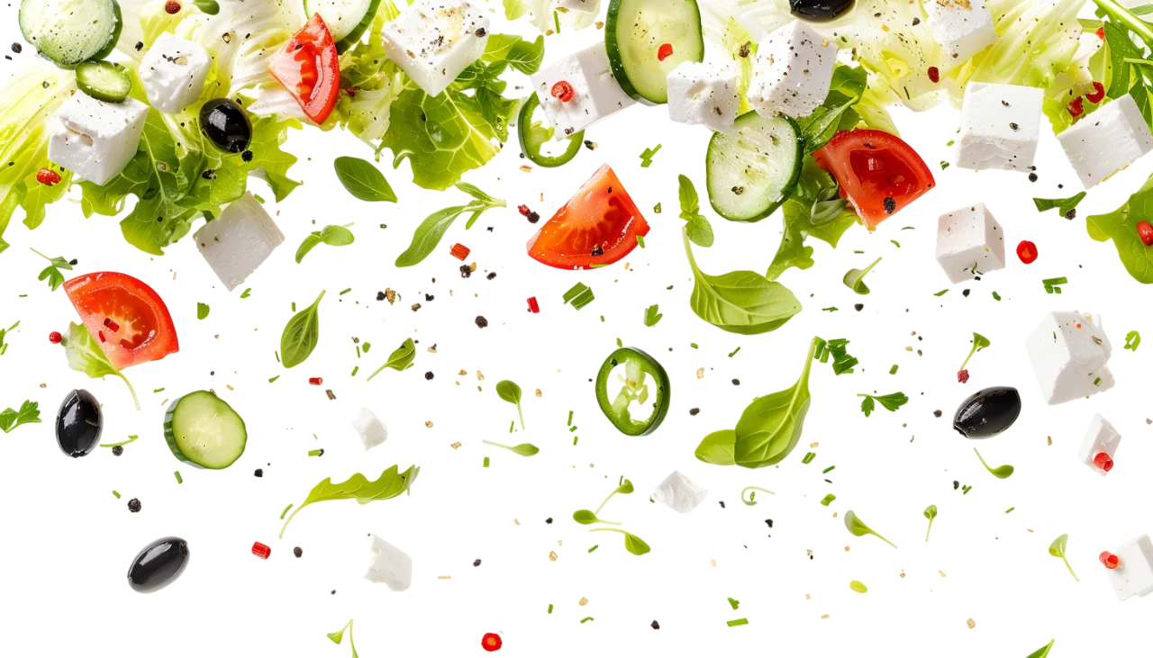 Flying Greek Salad Ingredients on Transparent Background Free PNG