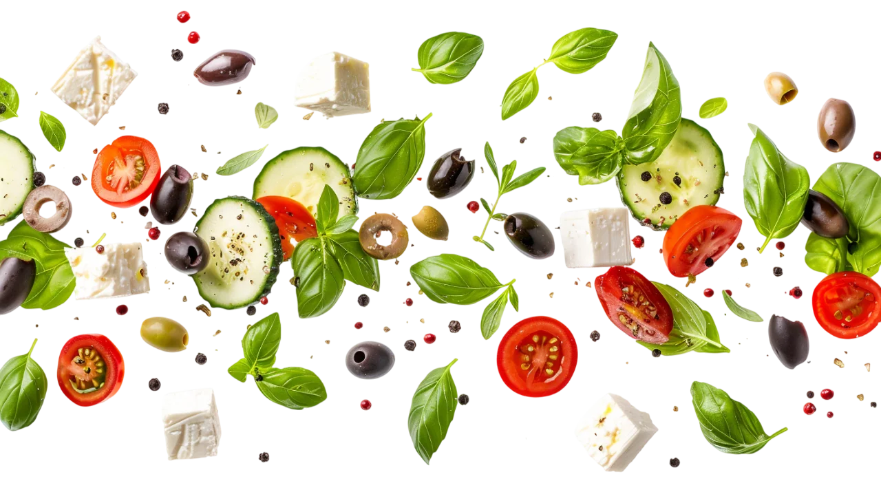 Scattered Mediterranean Ingredients with Basil, Tomato and Feta – Free PNG
