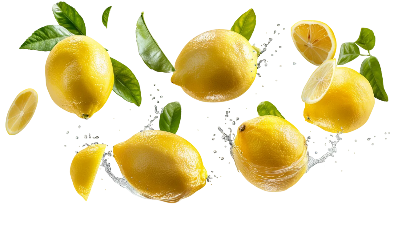 Floating Lemons with Green Leaves and Water Splash - Free PNG