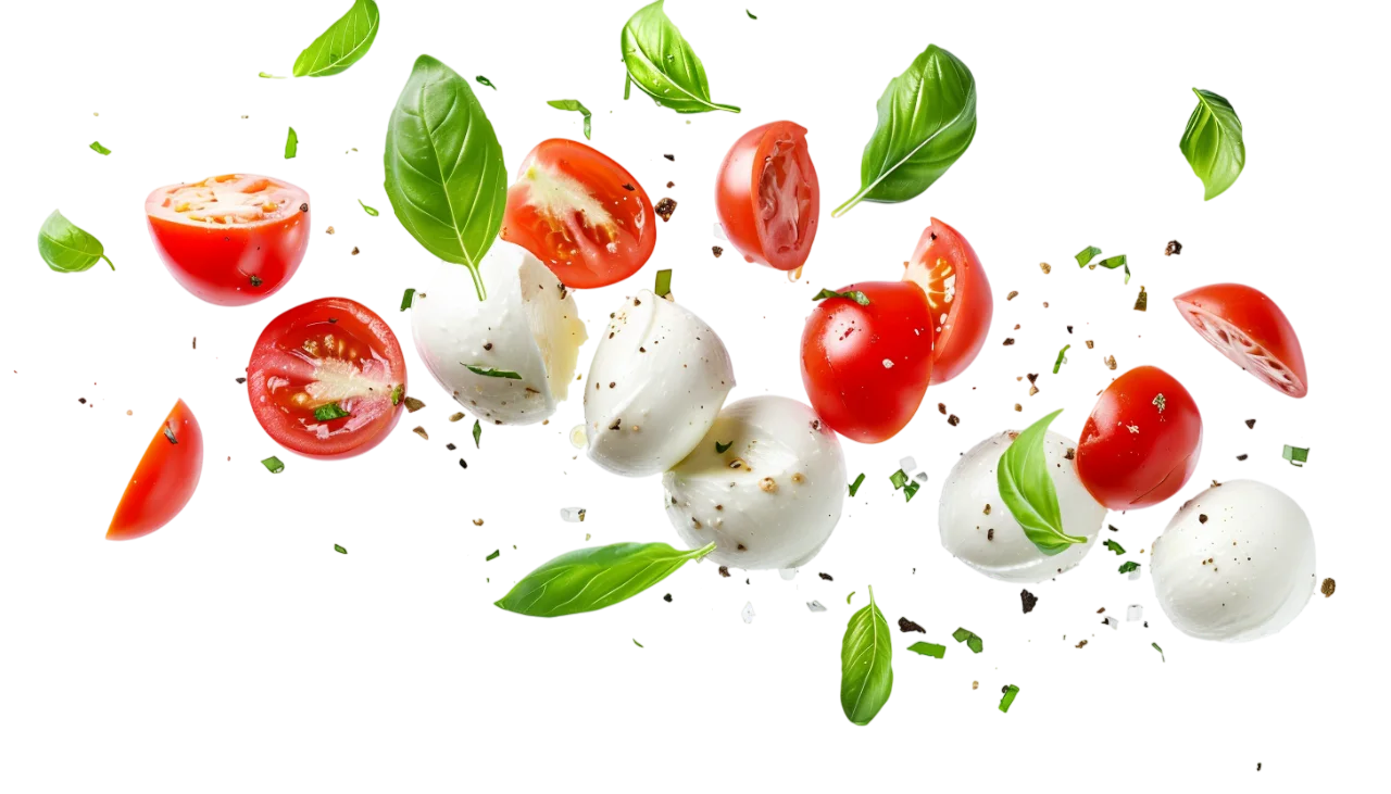 Floating Caprese Ingredients with Mozzarella, Tomato and Basil – Free PNG
