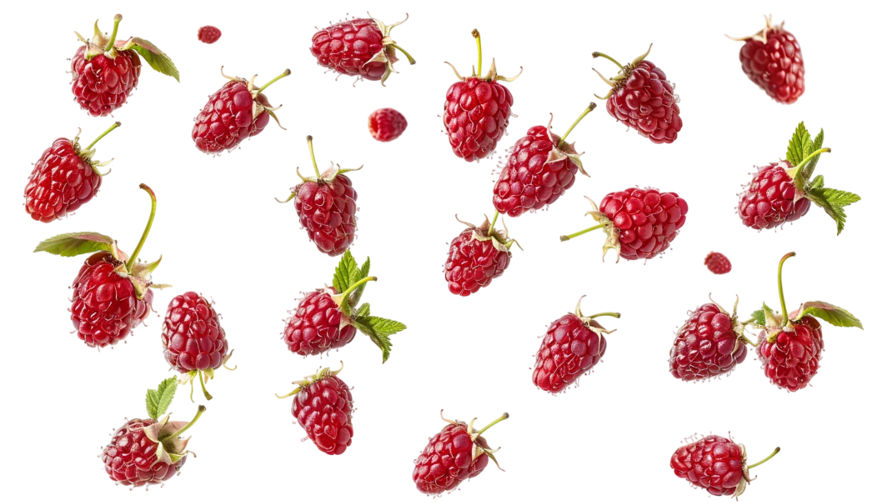Scattered Ripe Raspberries with Green Leaves | Free PNG