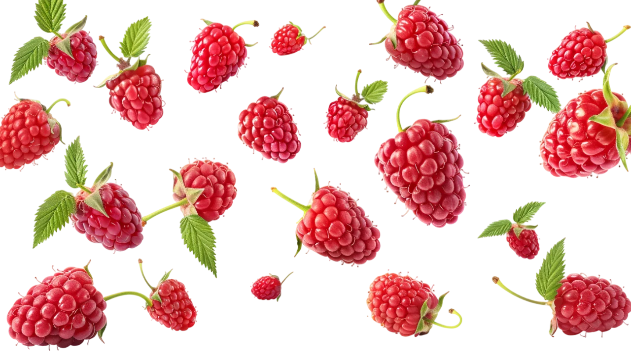 Scattered Red Raspberries with Green Leaves Free PNG