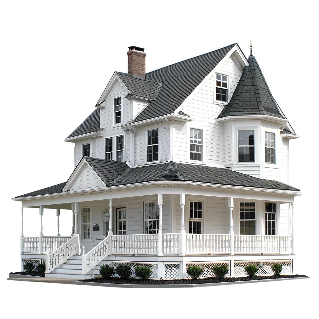 White Victorian-Style House with Wraparound Porch | Free PNG