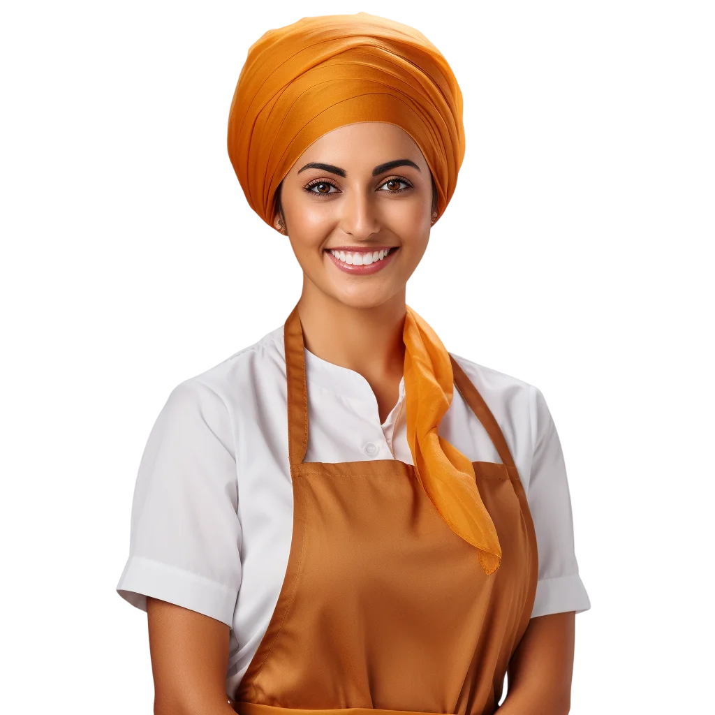 Smiling Woman Chef in Orange Headwrap and Apron Free PNG