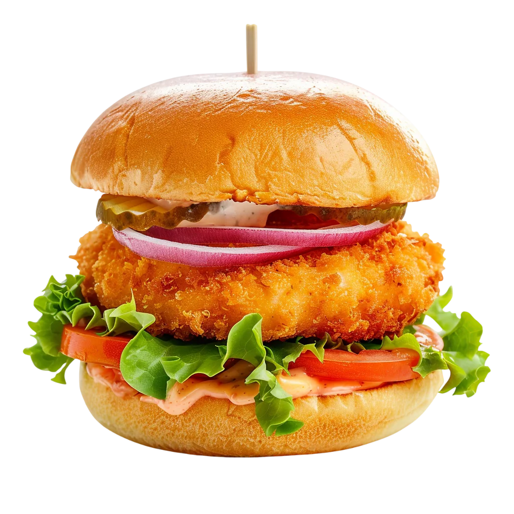 Crispy Breaded Burger with Fresh Toppings Free PNG