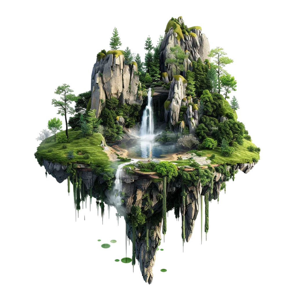 Floating Forest Island with Waterfall Free PNG