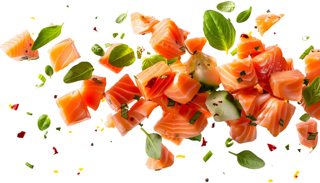 Scattered Salmon Pieces and Basil Leaves Free PNG