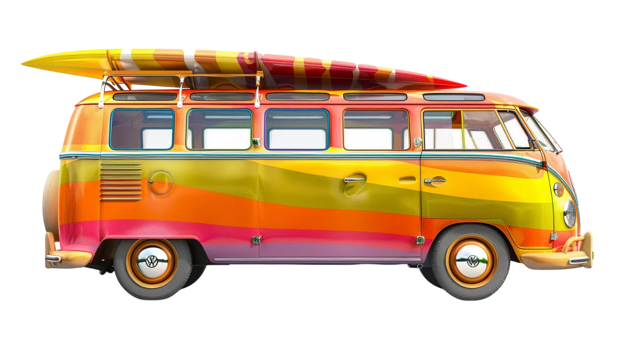 Free PNG Colorful Vintage Camper Van with Surfboards