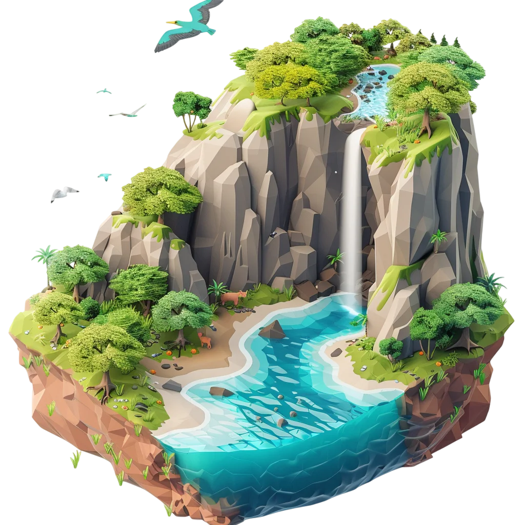 Low-Poly Floating Island with Waterfalls and Lush Forest | Free PNG