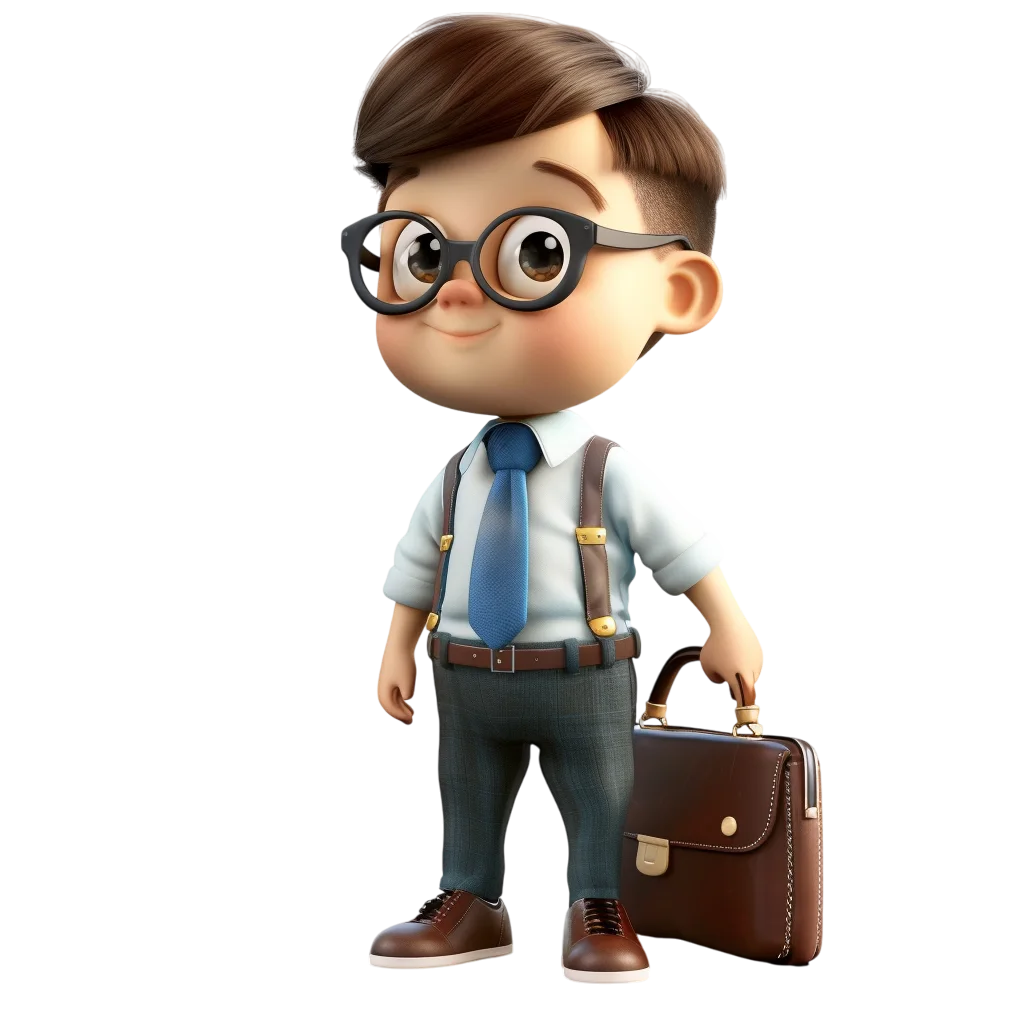 3D Cartoon Boy with Glasses and Briefcase Free PNG