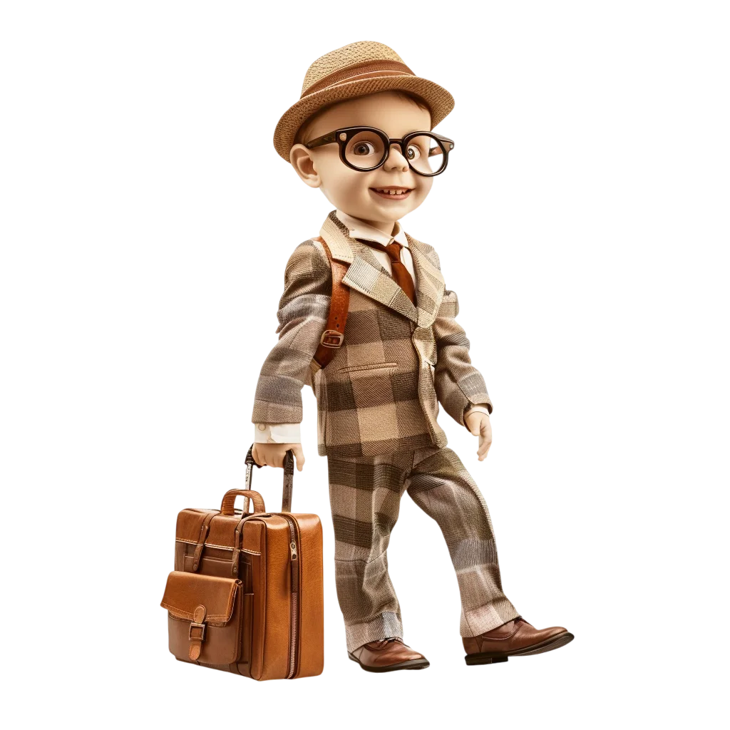 Smiling Vintage Traveler Boy with Suitcase – Free PNG