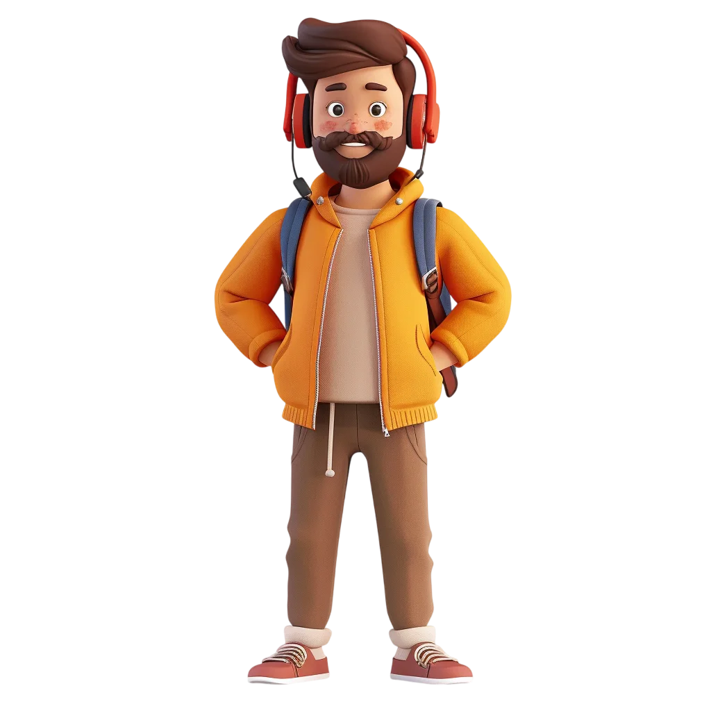 3D Cartoon Bearded Man in Orange Hoodie Free PNG