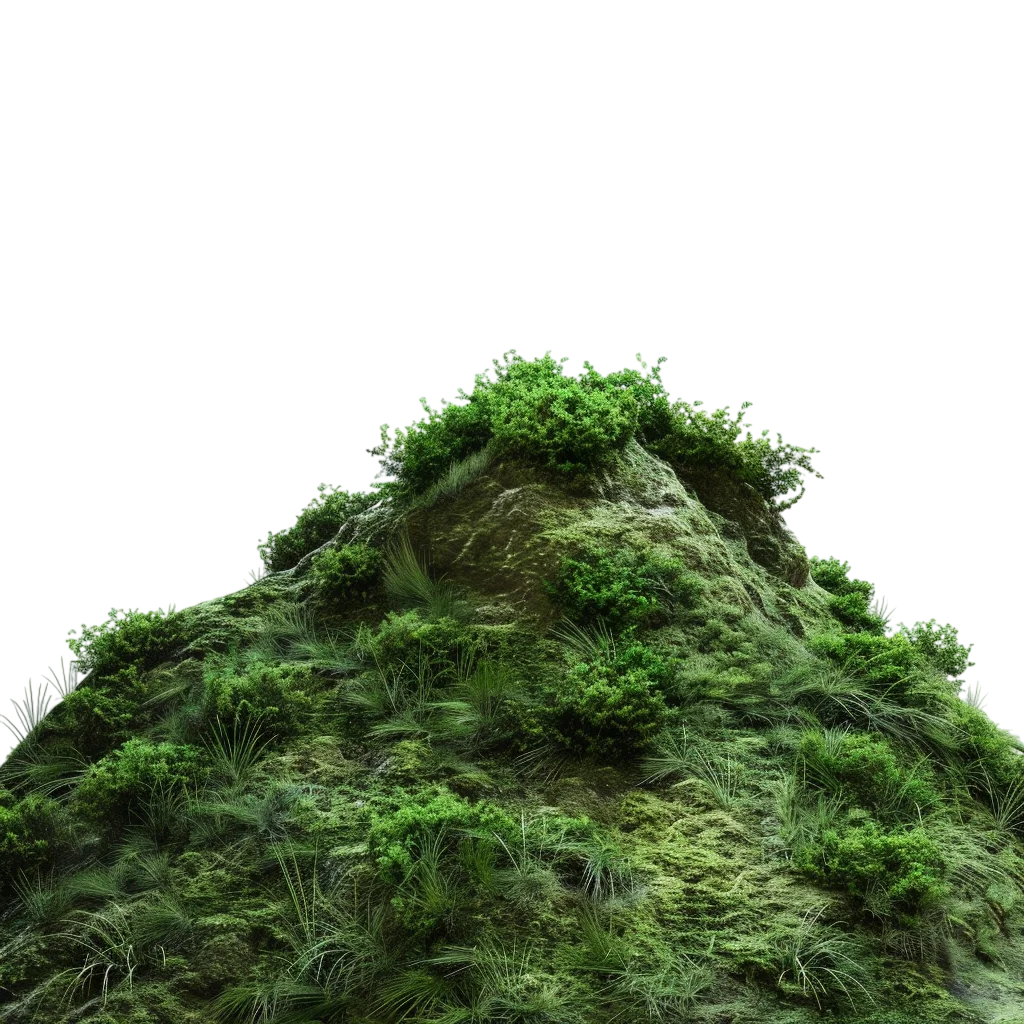 Moss-Covered Rocky Mound with Green Shrubs and Grass | Free PNG