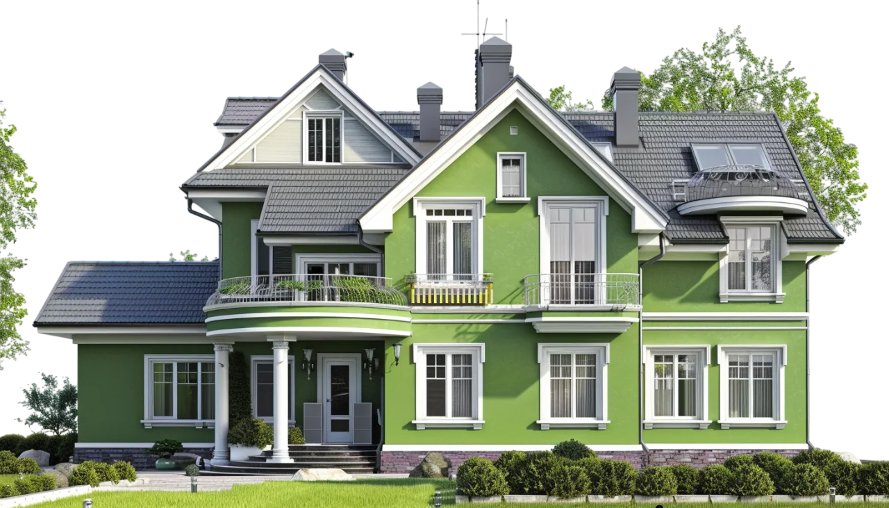 Green Two-Story House with Balconies - Free PNG