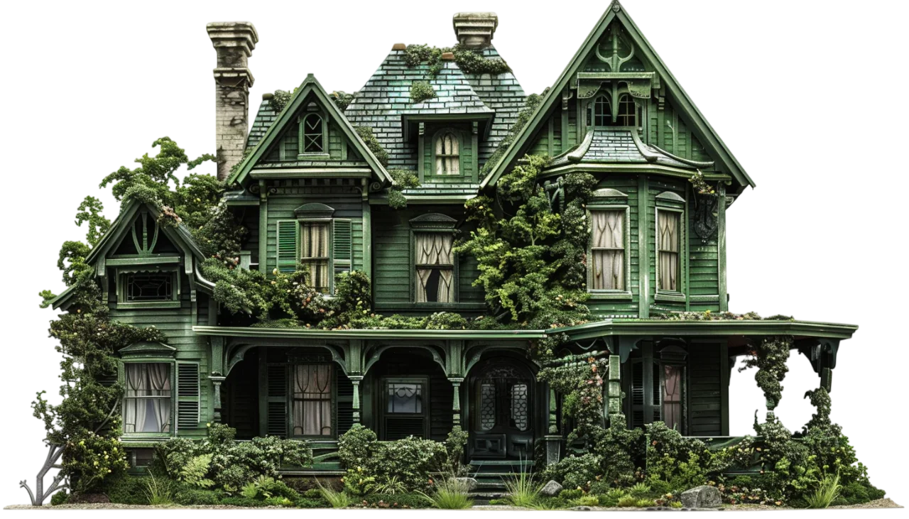 Overgrown Green Victorian Mansion with Gothic Gables | Free PNG