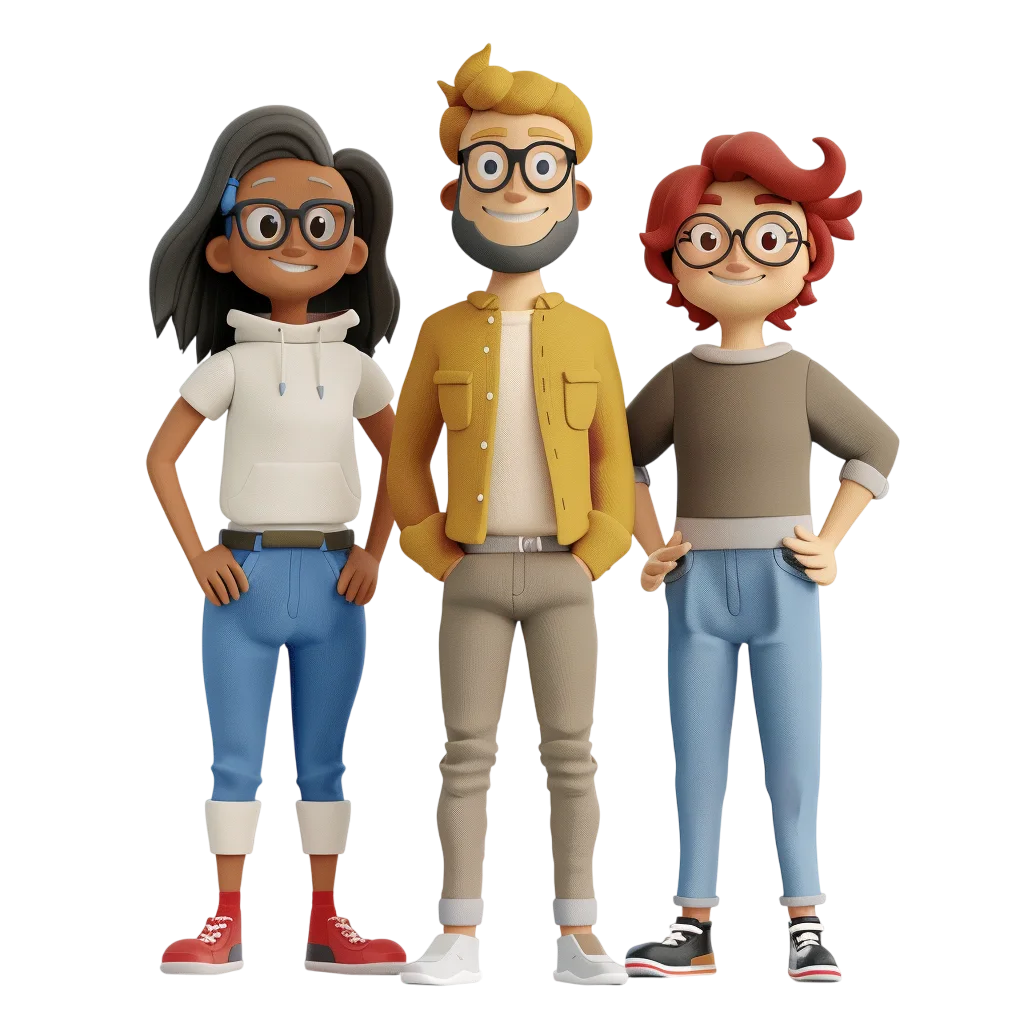 Three Friendly 3D Cartoon Friends Wearing Glasses | Free PNG