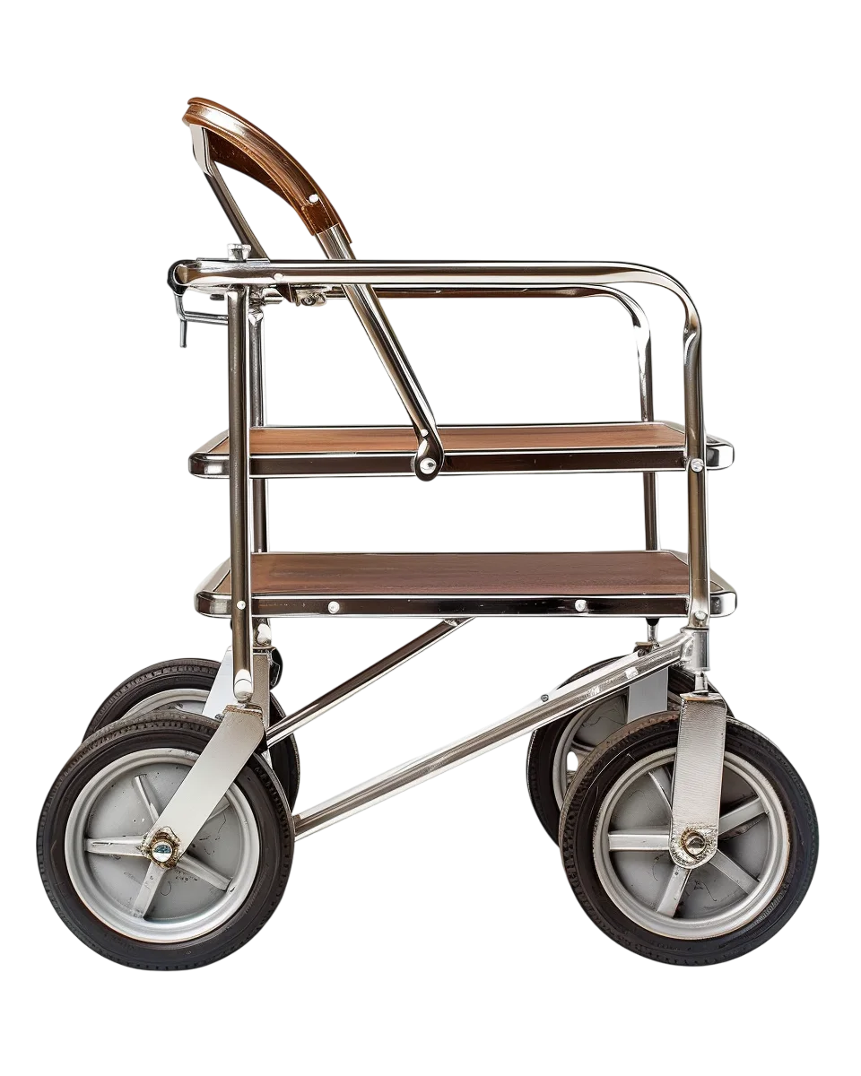 Chrome Trolley with Wooden Shelves and Large Wheels - Free PNG