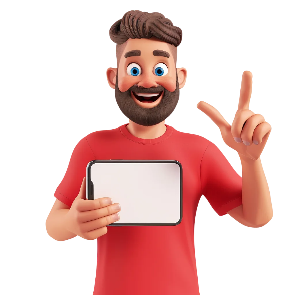 Smiling Bearded Man Holding Tablet and Pointing Up Free PNG