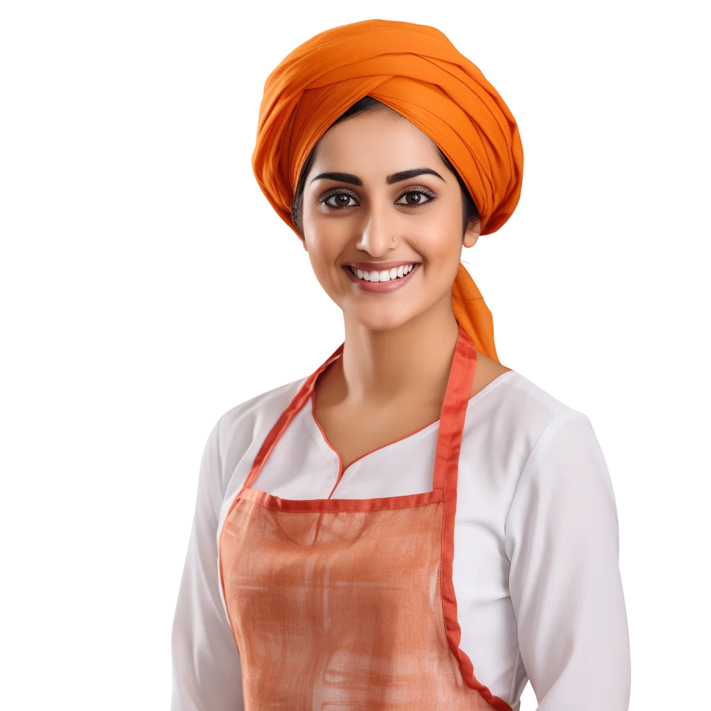 Smiling Woman in Orange Headwrap and Apron Free PNG
