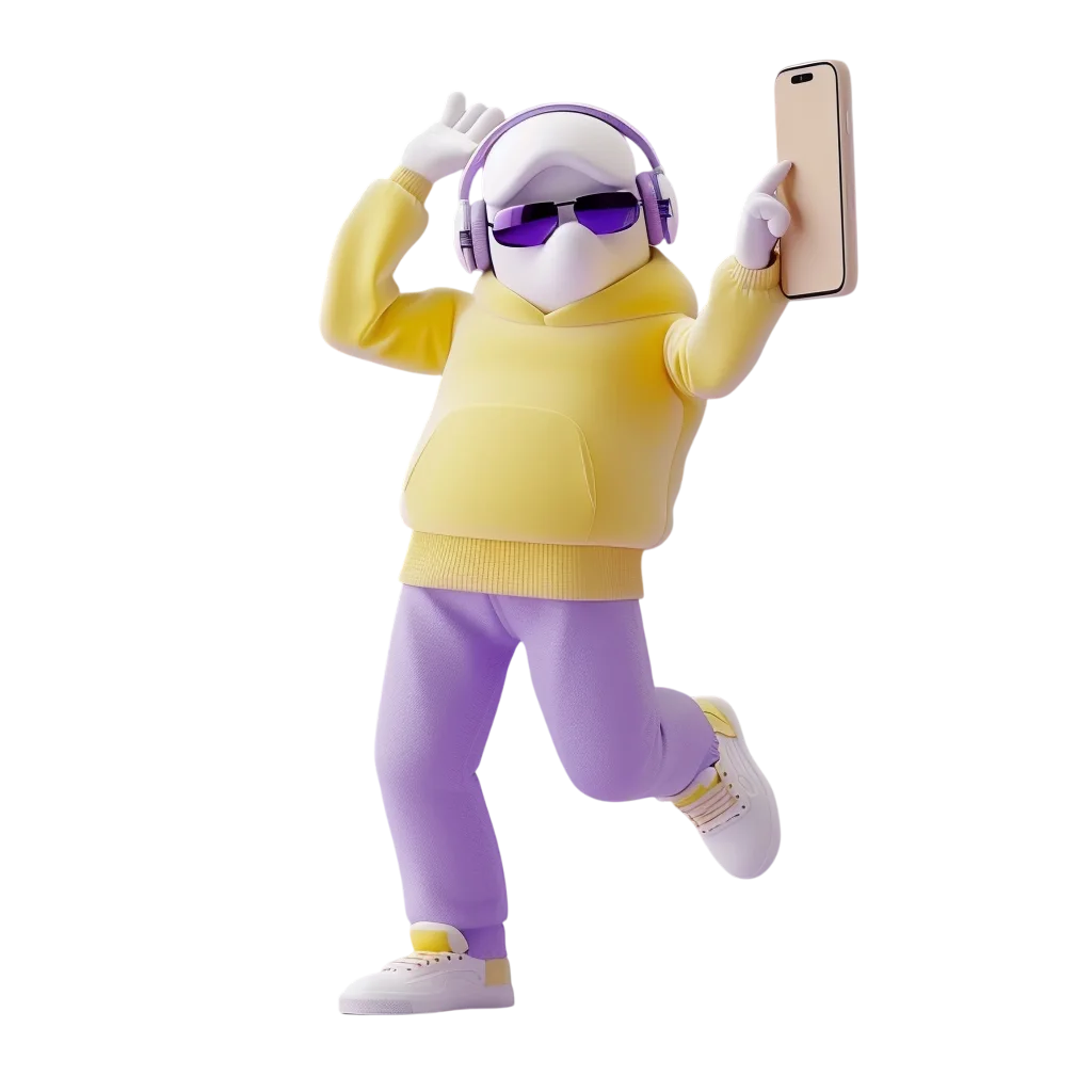 Playful 3D Character with Phone and Headphones Free PNG