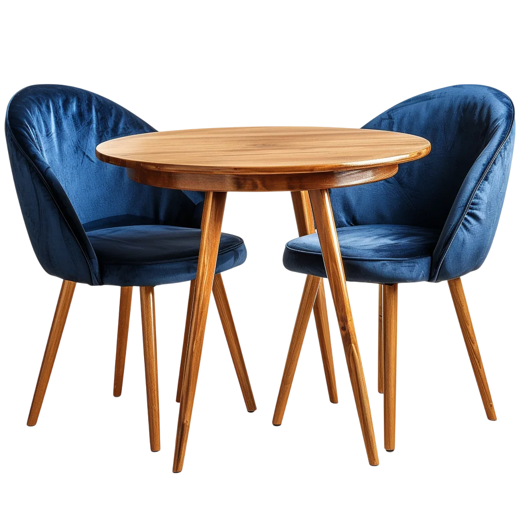 Free PNG of Round Wooden Table with Two Blue Chairs