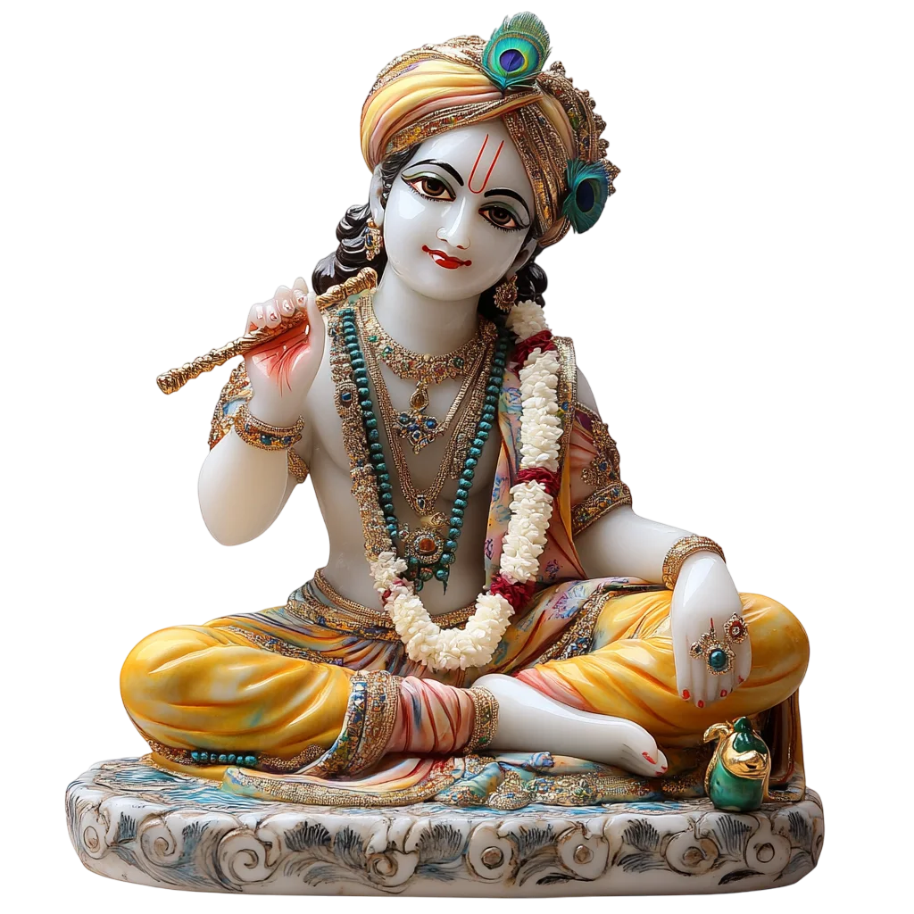 Seated Lord Krishna Statue with Flute and Peacock Feathers | Free PNG