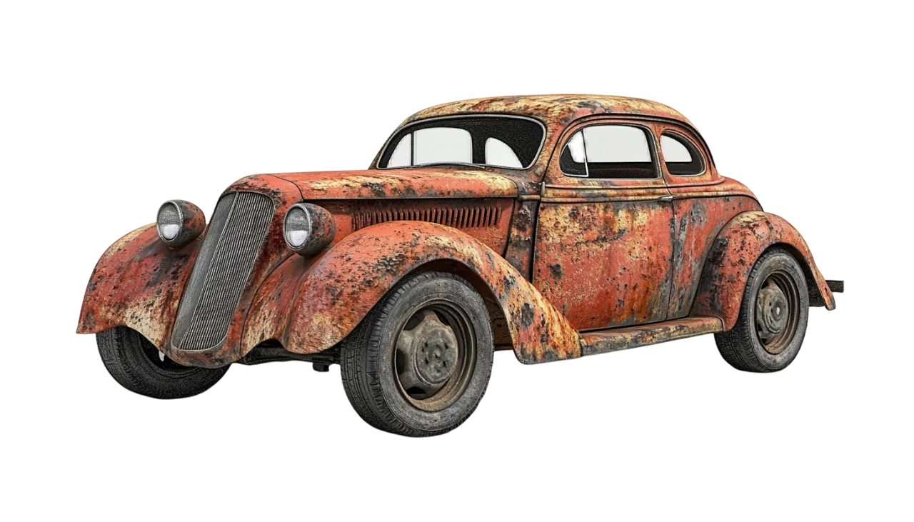 Rusty Vintage Coupe Car in Three-Quarter View | Free PNG